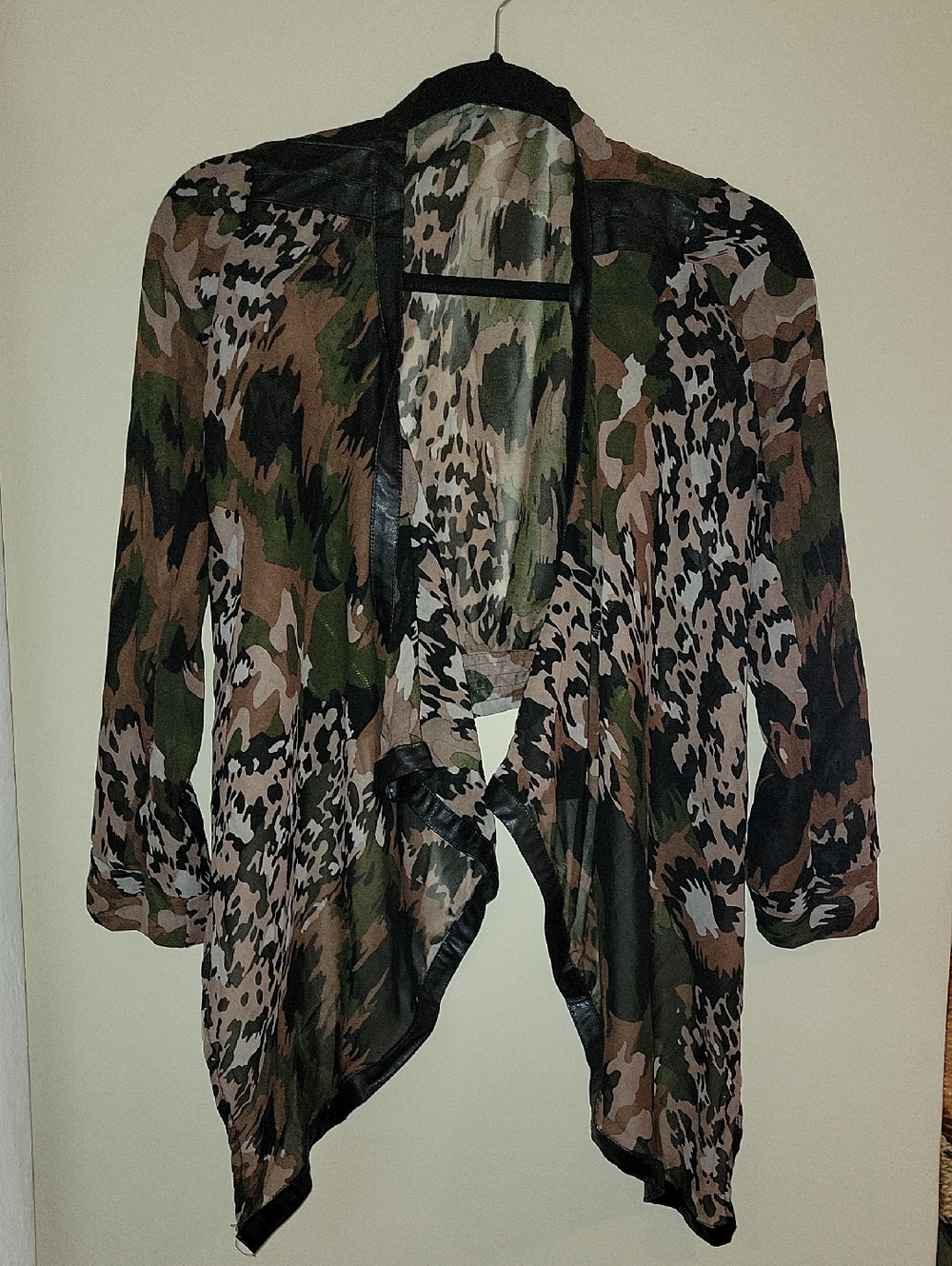 Sheer Camo-Print Draped Open Cardigan - Olive, Brown, Black